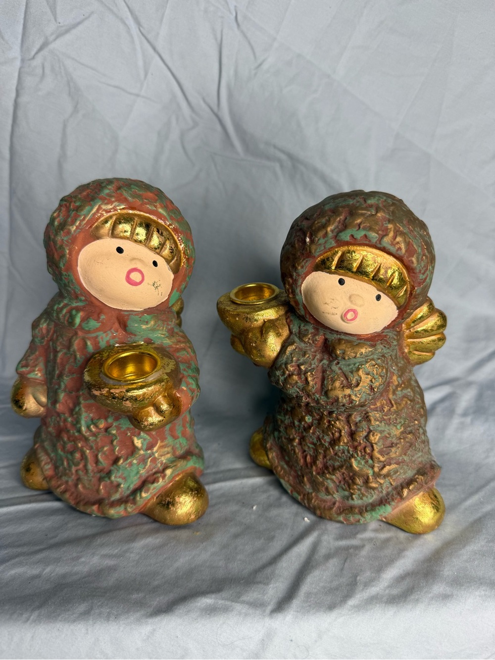 Pair of Vintage Angel Figurine Candle Holders in Green and Gold Ceramic